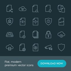 Modern Simple Set of cloud and networking, security, files Vector outline Icons. ..Contains such Icons as  handle,  icon,  network,  corrupt and more on dark background. Fully Editable. Pixel Perfect.