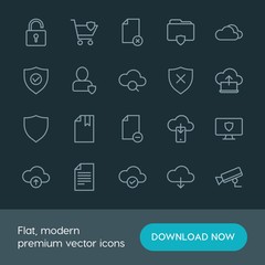 Modern Simple Set of cloud and networking, security, files Vector outline Icons. ..Contains such Icons as download,  upload,  cloud, cloud and more on dark background. Fully Editable. Pixel Perfect.