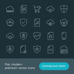Modern Simple Set of cloud and networking, security, files Vector outline Icons. ..Contains such Icons as  upload,  data, favorite,  check and more on dark background. Fully Editable. Pixel Perfect.