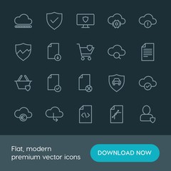 Modern Simple Set of cloud and networking, security, files Vector outline Icons. ..Contains such Icons as  auto, car,  word,  web,  error and more on dark background. Fully Editable. Pixel Perfect.
