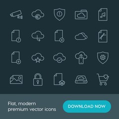 Modern Simple Set of cloud and networking, security, files Vector outline Icons. ..Contains such Icons as cloud,  transfer,  handle,  data and more on dark background. Fully Editable. Pixel Perfect.