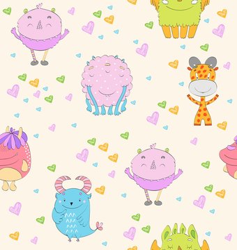 Vector Seamless pattern with cartoon funny monsters.