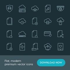 Modern Simple Set of cloud and networking, security, files Vector outline Icons. ..Contains such Icons as internet,  document,  tablet,  web and more on dark background. Fully Editable. Pixel Perfect.
