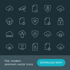 Modern Simple Set of cloud and networking, security, files Vector outline Icons. ..Contains such Icons as  currency, hidden, delete,  block and more on dark background. Fully Editable. Pixel Perfect.