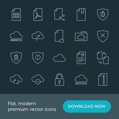 Modern Simple Set of cloud and networking, security, files Vector outline Icons. ..Contains such Icons as  blue,  document,  technology, sky and more on dark background. Fully Editable. Pixel Perfect.