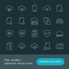 Modern Simple Set of cloud and networking, security, files Vector outline Icons. ..Contains such Icons as  delete,  technology, network, car and more on dark background. Fully Editable. Pixel Perfect.