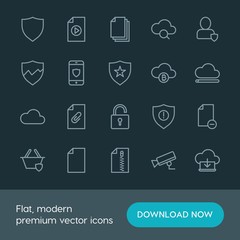 Modern Simple Set of cloud and networking, security, files Vector outline Icons. ..Contains such Icons as  internet,  crime,  star,  storage and more on dark background. Fully Editable. Pixel Perfect.
