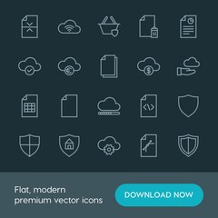 Modern Simple Set of cloud and networking, security, files Vector outline Icons. ..Contains such Icons as  currency, money,  electronic and more on dark background. Fully Editable. Pixel Perfect.