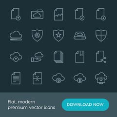 Modern Simple Set of cloud and networking, security, files Vector outline Icons. ..Contains such Icons as  payment,  security, bitcoin, file and more on dark background. Fully Editable. Pixel Perfect.