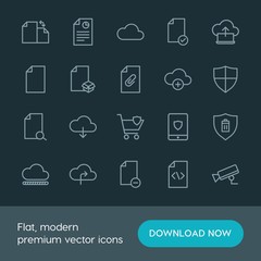 Modern Simple Set of cloud and networking, security, files Vector outline Icons. ..Contains such Icons as  security,  video,  office,  code and more on dark background. Fully Editable. Pixel Perfect.