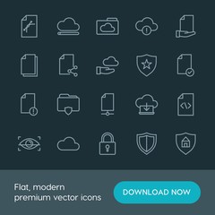 Modern Simple Set of cloud and networking, security, files Vector outline Icons. ..Contains such Icons as  vector,  code,  information, file and more on dark background. Fully Editable. Pixel Perfect.
