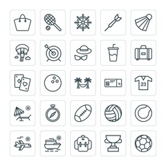 Modern Simple Set of sports, travel Vector outline Icons. ..Contains such Icons as soccer,  dartboard,  game,  equipment,  airplane,  award and more on white background. Fully Editable. Pixel Perfect