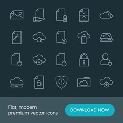 Modern Simple Set of cloud and networking, security, files Vector outline Icons. ..Contains such Icons as  business,  data,  cloud,  weather and more on dark background. Fully Editable. Pixel Perfect.