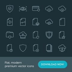 Modern Simple Set of cloud and networking, security, files Vector outline Icons. ..Contains such Icons as  delete,  star,  safety,  icon and more on dark background. Fully Editable. Pixel Perfect.