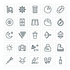 Modern Simple Set of sports, travel Vector outline Icons. ..Contains such Icons as  arrow, luggage, windsurfing,  nautical,  shoe, boxing and more on white background. Fully Editable. Pixel Perfect