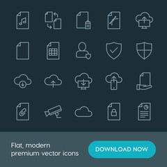 Modern Simple Set of cloud and networking, security, files Vector outline Icons. ..Contains such Icons as  cloud,  illustration,  office and more on dark background. Fully Editable. Pixel Perfect.