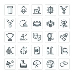 Modern Simple Set of sports, travel Vector outline Icons. ..Contains such Icons as  chair,  fashion, beach, bikini, windsurfing,  bucket and more on white background. Fully Editable. Pixel Perfect