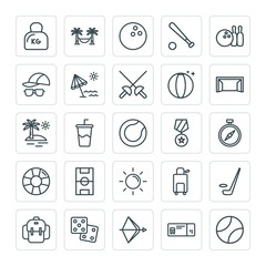 Modern Simple Set of sports, travel Vector outline Icons. ..Contains such Icons as  equipment, train, relax,  casino,  feather,  competition and more on white background. Fully Editable. Pixel Perfect