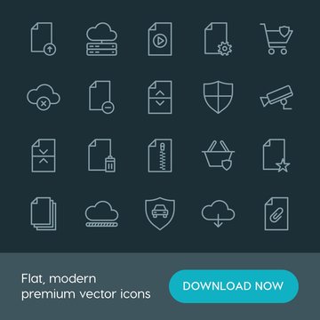 Modern Simple Set of cloud and networking, security, files Vector outline Icons. ..Contains such Icons as  folder,  connection,  attach, car and more on dark background. Fully Editable. Pixel Perfect.