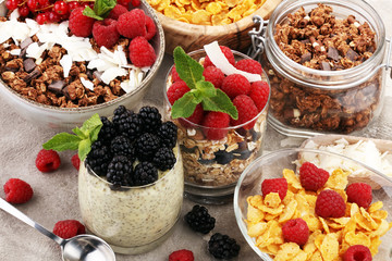Cereal and ingredients for a healthy breakfast with chia pudding, granola, cornflakes and berries
