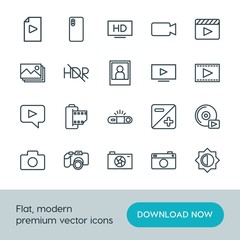 Modern Simple Set of video, photos Vector outline Icons. ..Contains such Icons as  television,  bright,  vector,  picture,  photo,  play and more on white background. Fully Editable. Pixel Perfect.