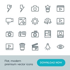 Modern Simple Set of video, photos Vector outline Icons. ..Contains such Icons as  view,  cinema,  film,  rotate,  lamp,  television,  sign and more on white background. Fully Editable. Pixel Perfect.