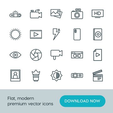 Modern Simple Set of video, photos Vector outline Icons. ..Contains such Icons as movie, dark, image,  background,  quality,  photography and more on white background. Fully Editable. Pixel Perfect.