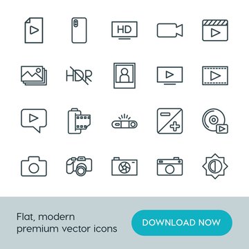 Modern Simple Set of video, photos Vector outline Icons. ..Contains such Icons as  television,  bright,  vector,  picture,  photo,  play and more on white background. Fully Editable. Pixel Perfect.
