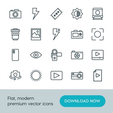 Modern Simple Set of video, photos Vector outline Icons. ..Contains such Icons as  video,  home,  design,  icon,  caption, camera,  concept and more on white background. Fully Editable. Pixel Perfect.