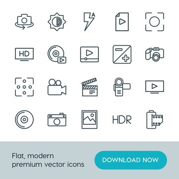 Modern Simple Set of video, photos Vector outline Icons. ..Contains such Icons as  concept,  space,  hand,  lightning,  tv,  old,  compact and more on white background. Fully Editable. Pixel Perfect.