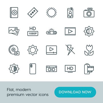 Modern Simple Set of video, photos Vector outline Icons. ..Contains such Icons as  cd,  vhs,  photo,  retro,  camera,  entertainment,  icon and more on white background. Fully Editable. Pixel Perfect.