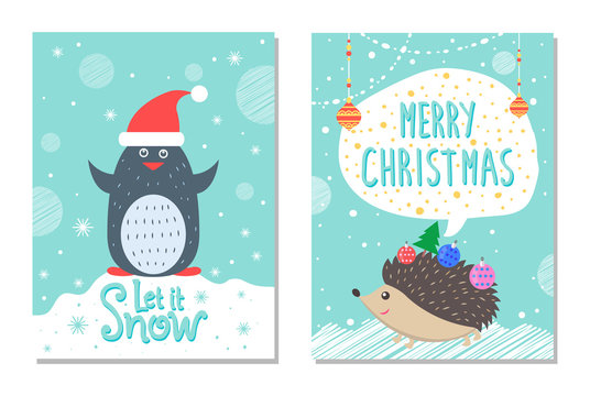 Let Snow Greeting Christmas Card Penguin Hedgehog