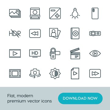 Modern Simple Set of video, photos Vector outline Icons. ..Contains such Icons as  light, dark,  lamp,  picture, hdr,  iso, film,  forward and more on white background. Fully Editable. Pixel Perfect.