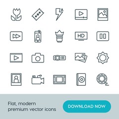 Modern Simple Set of video, photos Vector outline Icons. ..Contains such Icons as  web,  transparent,  forward, movie,  theater,  picture and more on white background. Fully Editable. Pixel Perfect.
