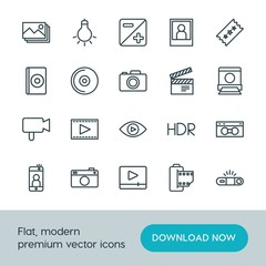 Modern Simple Set of video, photos Vector outline Icons. ..Contains such Icons as  entertainment, hdr,  design,  travel,  vintage,  camera and more on white background. Fully Editable. Pixel Perfect.