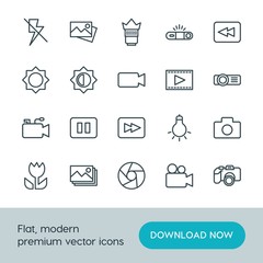 Modern Simple Set of video, photos Vector outline Icons. ..Contains such Icons as  element,  equipment,  video,  photography,  background and more on white background. Fully Editable. Pixel Perfect.