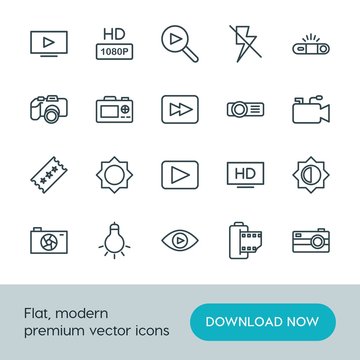 Modern Simple Set of video, photos Vector outline Icons. ..Contains such Icons as  icon, lightning,  technology,  space,  dslr,  retro, hd and more on white background. Fully Editable. Pixel Perfect.