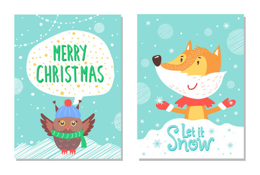 Merry Christmas Greeting Cards with Fox and Owl