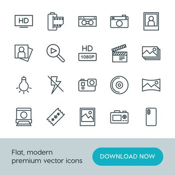 Modern Simple Set of video, photos Vector outline Icons. ..Contains such Icons as  picture, panorama, disc,  nature,  icon,  music,  retro and more on white background. Fully Editable. Pixel Perfect.