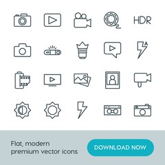 Modern Simple Set of video, photos Vector outline Icons. ..Contains such Icons as  shot,  old,  lens,  architecture,  picture, light, movie and more on white background. Fully Editable. Pixel Perfect.