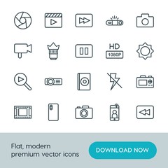 Modern Simple Set of video, photos Vector outline Icons. ..Contains such Icons as projector, lightning,  photo,  equipment, camera,  device and more on white background. Fully Editable. Pixel Perfect.