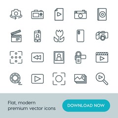 Modern Simple Set of video, photos Vector outline Icons. ..Contains such Icons as  rotate,  caption,  theater, image, dvd,  design,  home and more on white background. Fully Editable. Pixel Perfect.