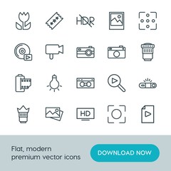 Modern Simple Set of video, photos Vector outline Icons. ..Contains such Icons as  television,  picture, hd, camera, image,  lightbulb, hdr and more on white background. Fully Editable. Pixel Perfect.