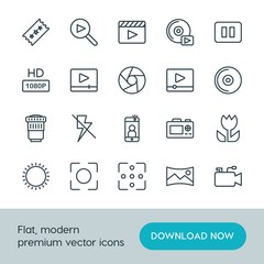 Modern Simple Set of video, photos Vector outline Icons. ..Contains such Icons as  space,  lens, movie,  background, lightning,  photo,  cd and more on white background. Fully Editable. Pixel Perfect.