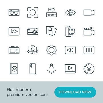 Modern Simple Set of video, photos Vector outline Icons. ..Contains such Icons as  high,  light,  rotate,  symbol,  technology, arrow,  tv and more on white background. Fully Editable. Pixel Perfect.