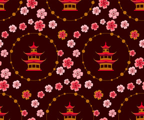Brown china seamless pattern with sakura flowers and pagoda.