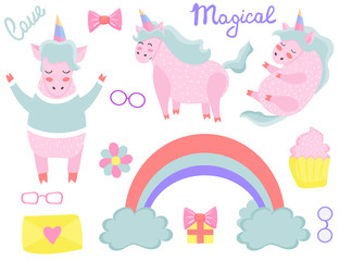 A set of unicorns. Magical. Really. Pink. Children's, for printing on cards and prints on clothes. Bright