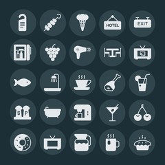 Modern Simple Set of food, hotel, drinks Vector fill Icons. ..Contains such Icons as  disturb,  kebab, sweet, television,  water,  travel and more on dark background. Fully Editable. Pixel Perfect.