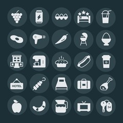 Modern Simple Set of food, hotel, drinks Vector fill Icons. ..Contains such Icons as  green,  fresh,  tv, coffee,  plastic, meat,  energy and more on dark background. Fully Editable. Pixel Perfect.