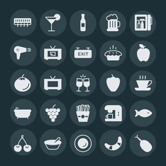 Modern Simple Set of food, hotel, drinks Vector fill Icons. ..Contains such Icons as  temperature,  food,  porridge,  water,  hot,  wall and more on dark background. Fully Editable. Pixel Perfect.